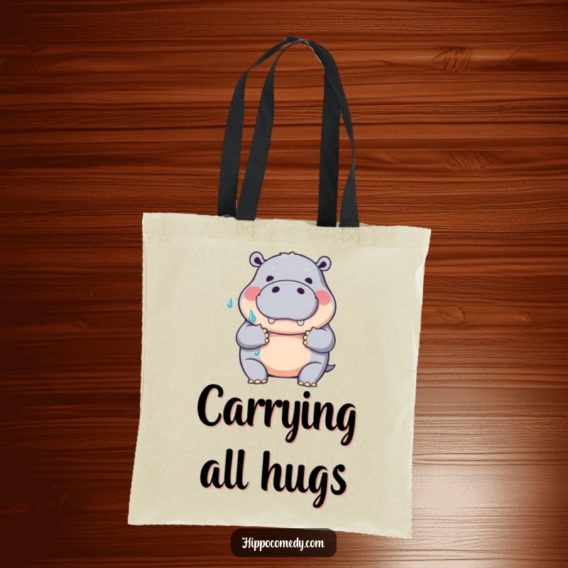 Funny tote bag showcasing a friendly hippopotamus making a big, wet hug gesture, perfect for carrying items with humorous warmth.
