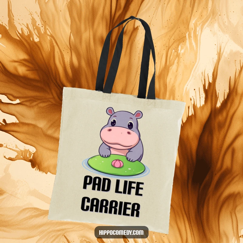 Funny tote bag showing a hippopotamus with wide eyes looking at a floating lily pad, perfect for carrying books or groceries.