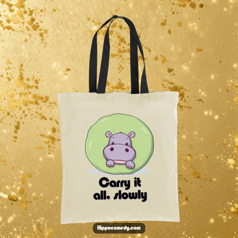 Funny Tote Bag: A curious hippopotamus peeks from behind a large, round lily pad, hinting at fun.