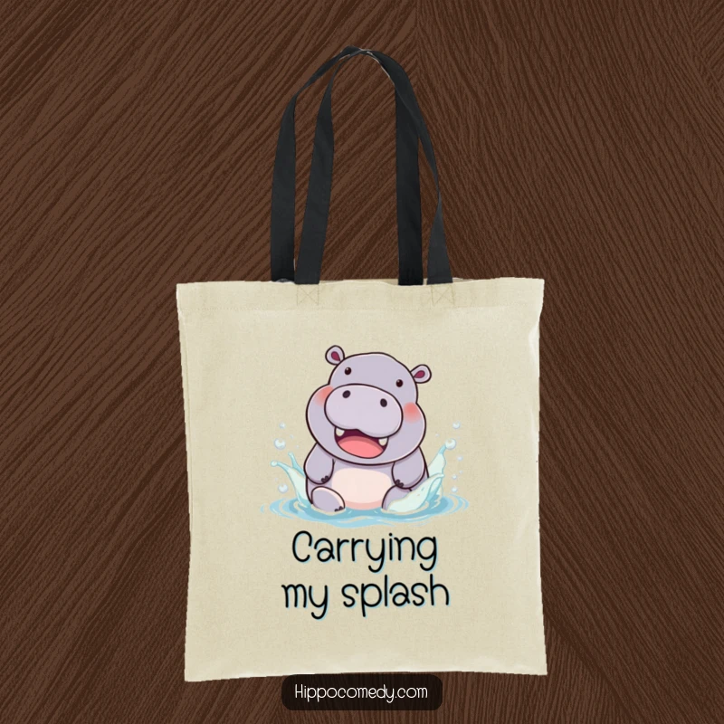 Funny Tote Bag: A happy, chubby hippopotamus is captured mid-splash in colorful water, radiating pure joy.