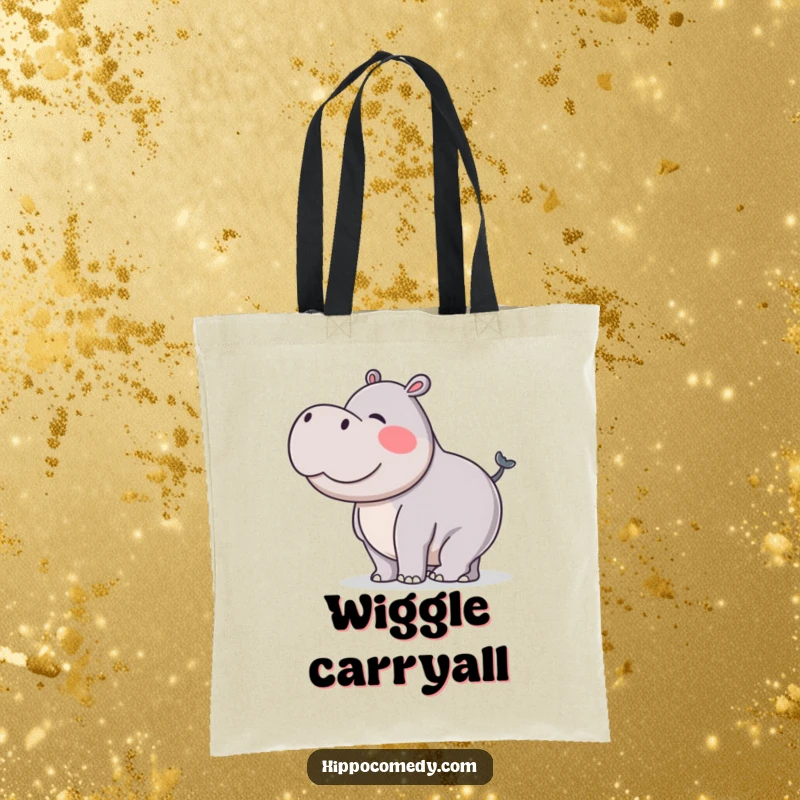 Funny tote bag showing a hippopotamus doing a silly wiggle with its stubby tail, perfect for carrying everyday items with humor.