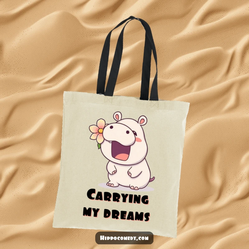 Funny kawaii hippo tote bag showing a cute hippopotamus with a flower, yawning widely, perfect for carrying essentials with sleepy charm.