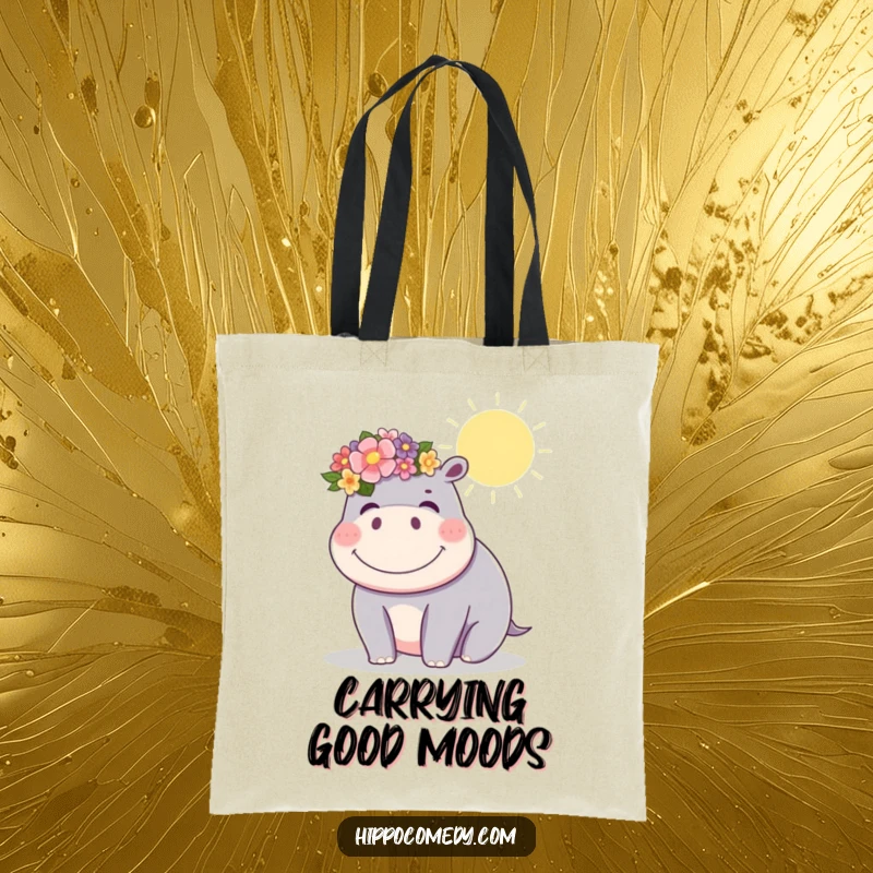 Funny kawaii hippopotamus with a flower crown, giggling in the sun on a durable tote bag, bringing a funny vibe.