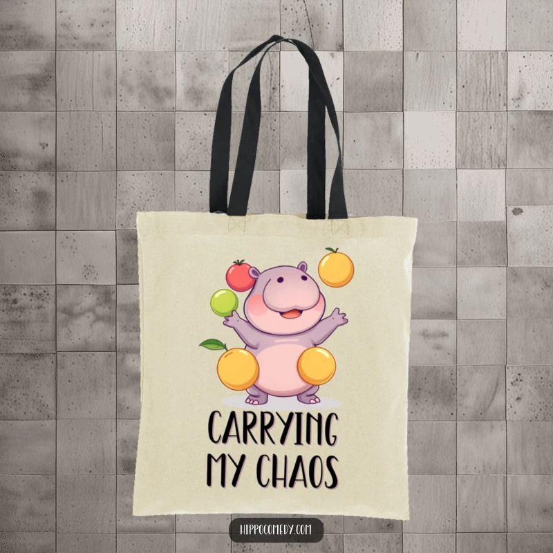 Funny kawaii hippopotamus comically juggling three round fruits on a tote bag, bringing humor to errands, a great funny gift.