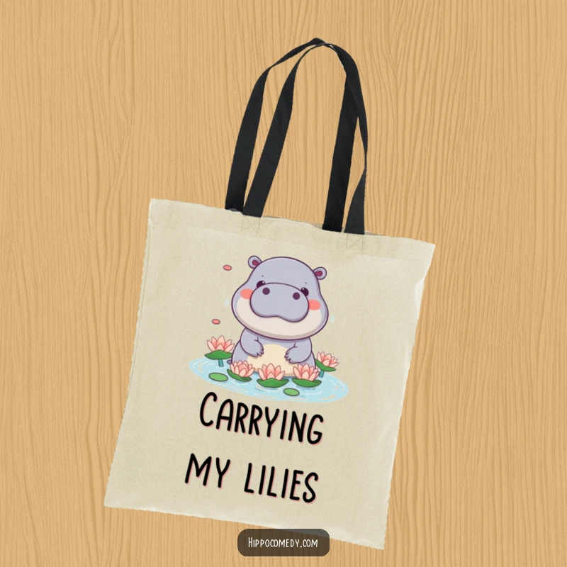 Funny kawaii hippo tote bag with a cute hippo playfully juggling water lilies with its snout, showcasing adorable skill.