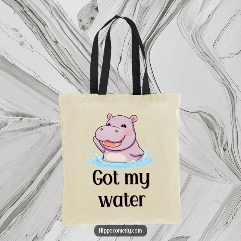 Funny kawaii hippopotamus joyfully splashing in cool water with a happy grin, on a durable tote bag.