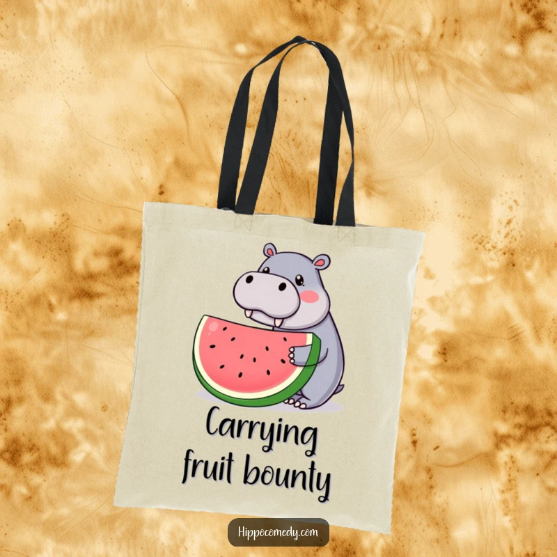 Funny tote bag with a kawaii hippopotamus presenting a huge watermelon slice, perfect for carrying essentials with a cute and humorous flair.