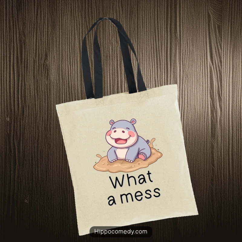 Funny Muddy Hippo Tote Bag, a joyful hippo playfully rolling in soft mud, perfect for carrying essentials.
