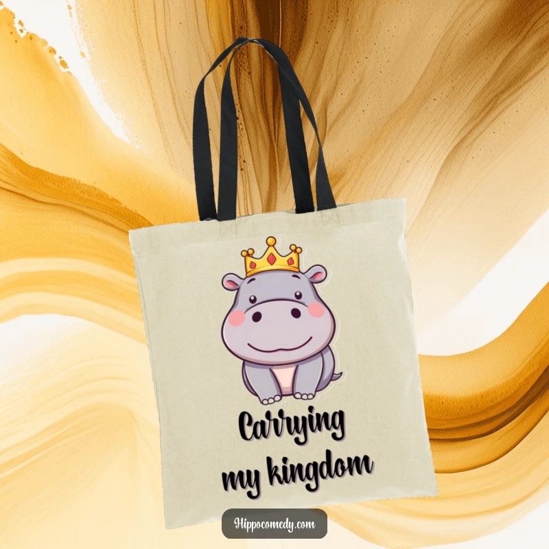 Funny Hippo Crown Tote Bag: A silly cartoon hippo sports a tiny crown and a very pleased expression, looking quite regal.