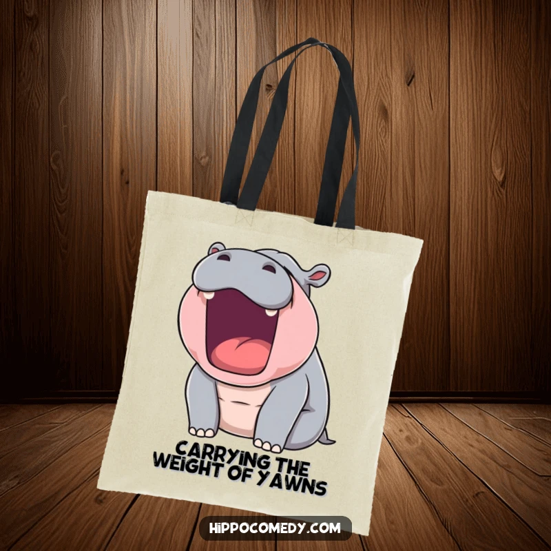 Funny tote bag displaying a sleepy hippopotamus in a huge yawn, a humorous and practical item for shopping.
