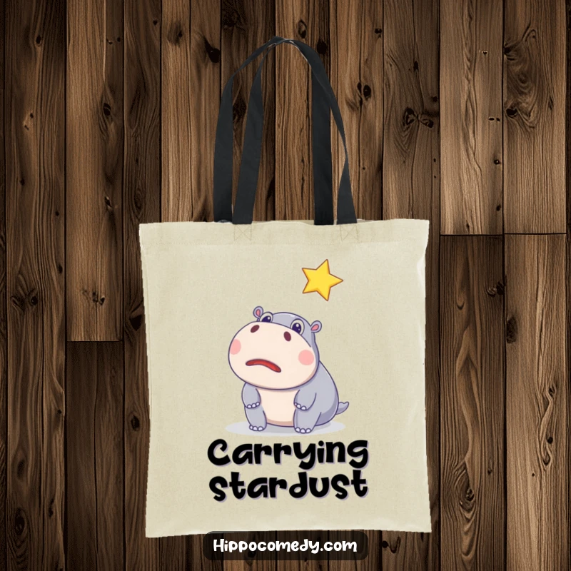 Funny tote bag featuring a surprised hippo watching a sparkling star, ideal for humorous shopping and celestial-themed adventures.