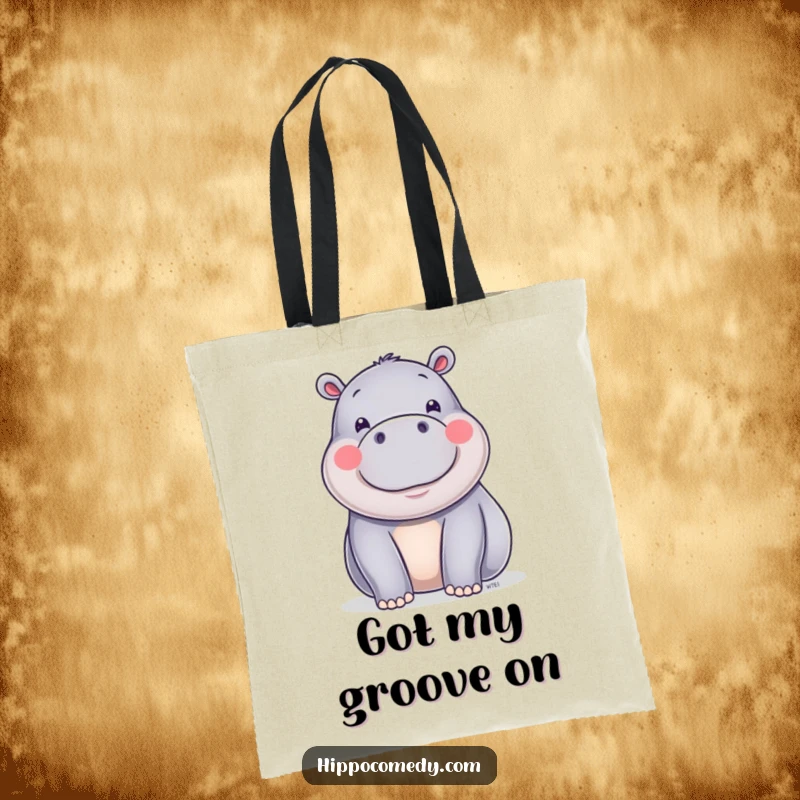 Funny happy hippo with shiny skin wiggling playfully on a durable tote bag, adding charm to your carryall.