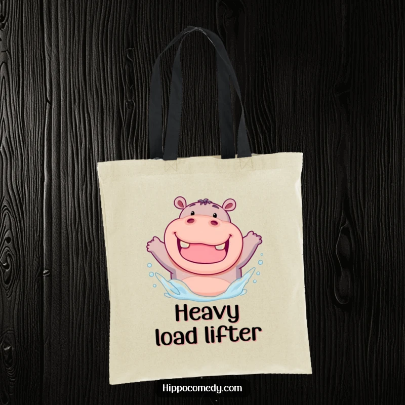 Funny tote bag featuring a chubby hippo with a wide grin, enthusiastically splashing water, perfect for carrying essentials humorously.