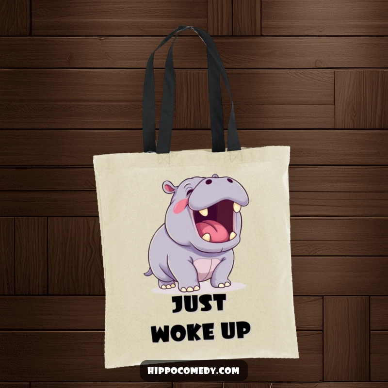 Funny Yawning Hippo Tote Bag showcasing a cute kawaii hippopotamus yawning, perfect for carrying books or groceries with a humorous touch.