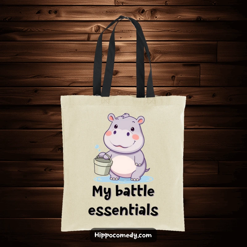 Funny kawaii hippo tote bag, holding a bucket and looking ready for a water fight, perfect for carrying beach essentials.