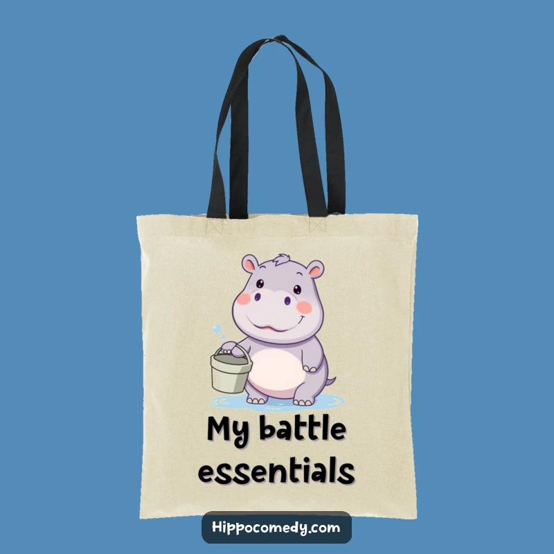 Chic funny kawaii hippo tote bag, a playful gift for shoppers, featuring a hippo with a bucket.