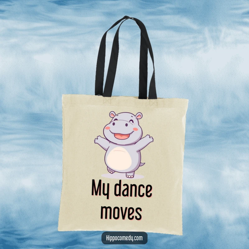 Funny tote bag featuring a joyful hippo dancing with wiggling feet, ideal for humorous shopping and animal-themed adventures.