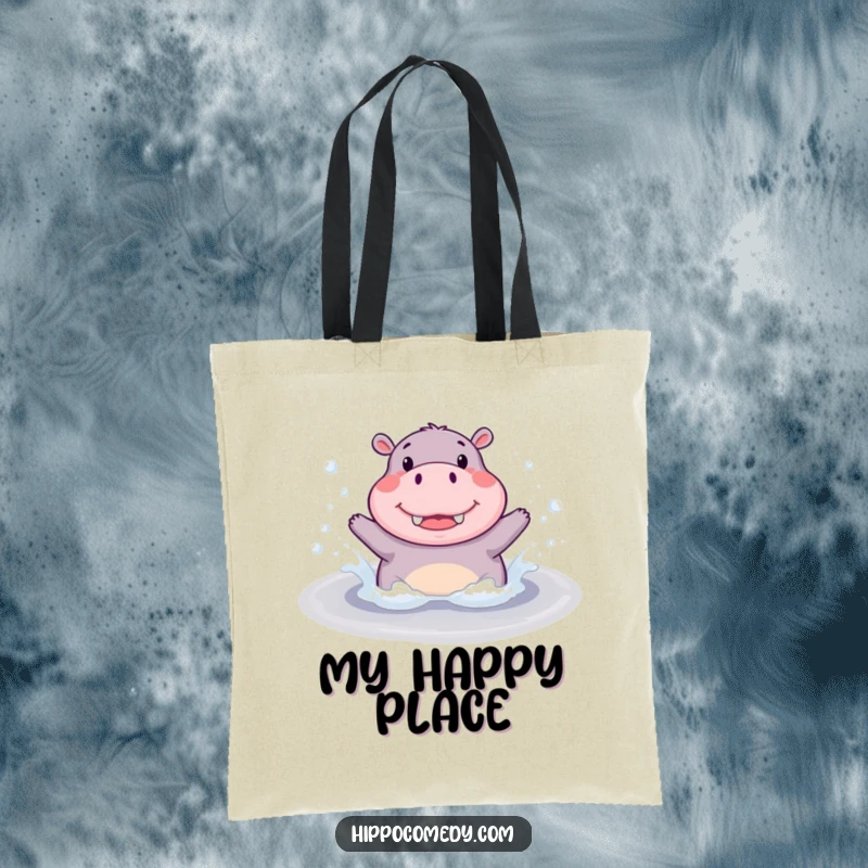 Funny Tote Bag: A cute hippopotamus joyfully splashing in a bubbly puddle, perfect for carrying essentials with a smile.