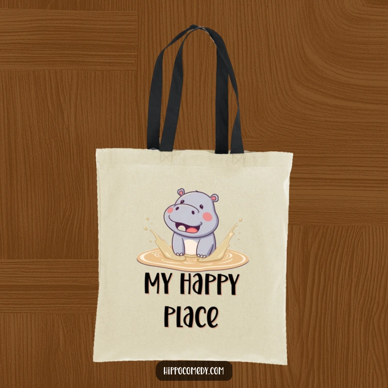 Funny kawaii hippo tote bag featuring an adorable hippo splashing in mud, water flying in a cute, joyful display.