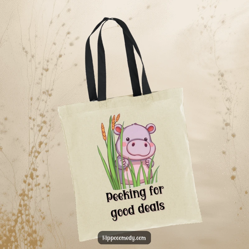 Funny tote bag with a little hippopotamus shyly peeking from behind reeds, perfect for carrying essentials.
