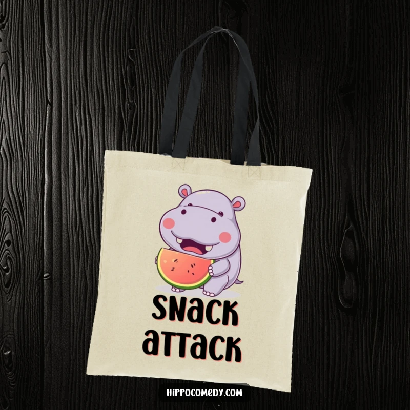 Funny Joyful Hippo Tote Bag showing a kawaii hippopotamus with a joyful expression, eating a large fruit, perfect for shopping with humor.