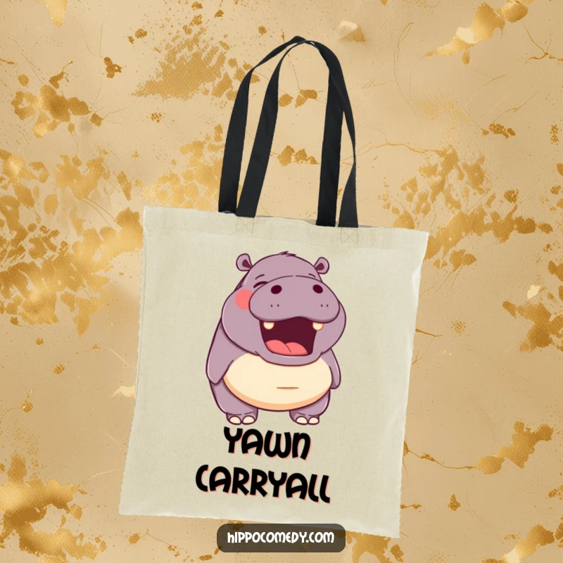 Funny tote bag showing a hippopotamus with its mouth open in a happy yawn, perfect for carrying daily necessities with a smile.